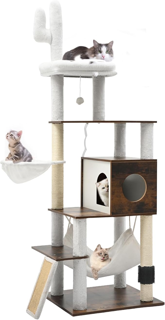 YITAHOME Modern Cat Tree for Indoor Cats with Self-Grooming Brush, 69" Tall Wooden Cat Tower with Condo, Hammock, Scratching Post, Board, Removable Pads for Kittens Big Cats，Rustic Brown