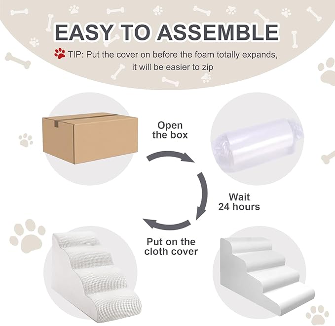 Dog Stairs Ramps for Small/Medium Dogs to Beds and Couch Up to 24'', 4-Step Dog Steps with Sturdy High-Density Foam, Pet Stairs with Non-Slip Bottom for Puppy and Cat, with Hair Remover Roller, White