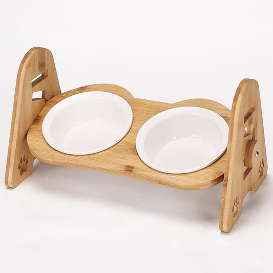 Raised Cat Food Bowls, 2 Elevated Ceramic Bowls 15° Tilted Orthopedic Feeding Dishes Solid Bamboo Pet Bowls Feeder Set for Cats and Puppy Feeding Station Kitty Bowl Set for Food and Water