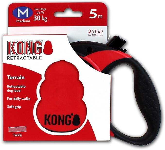 Alcott Kong Terrain Retractable Dog Leash, Medium, Red, 16' Long