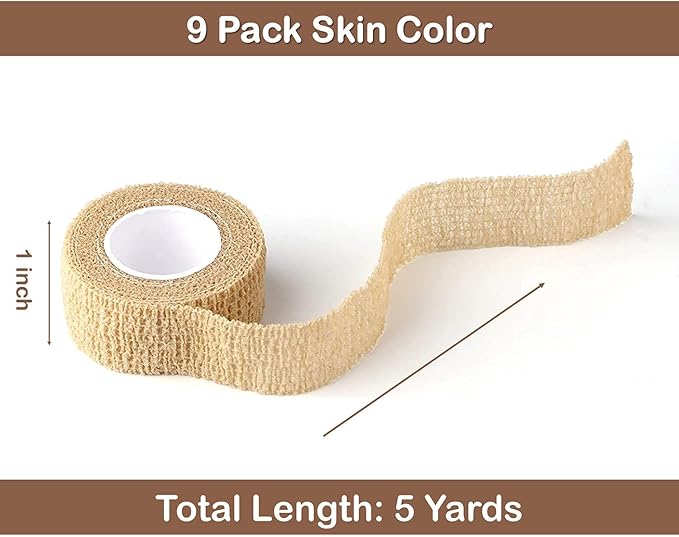 Self Adhesive Bandage Wrap, 9 Pack 1" x 5 Yards, Athletic Tape, Elastic Bandage, Self Stick Wrap for Ankle, Wrist, Finger, Sports (Skin Color)