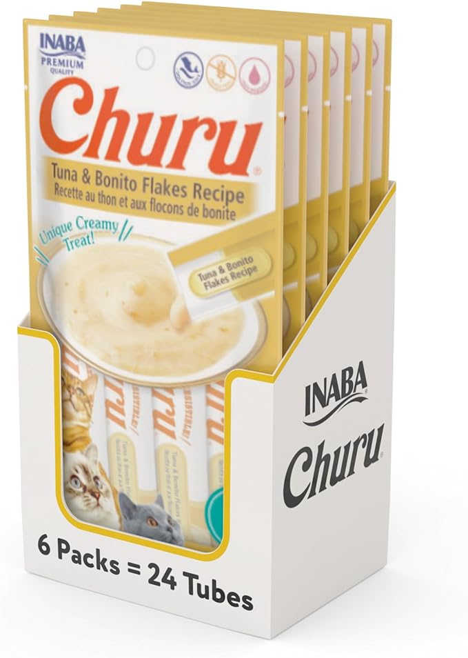 INABA Churu Cat Treats, Grain-Free, Lickable, Squeezable Creamy Purée Cat Treat/Topper with Vitamin E & Taurine, 0.5 Ounces Each Tube, 24 Tubes (4 per Pack), Tuna with Bonito Flakes Recipe