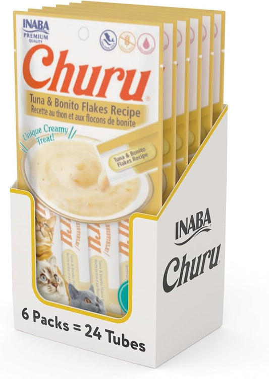 INABA Churu Cat Treats, Grain-Free, Lickable, Squeezable Creamy Purée Cat Treat/Topper with Vitamin E & Taurine, 0.5 Ounces Each Tube, 24 Tubes (4 per Pack), Tuna with Bonito Flakes Recipe