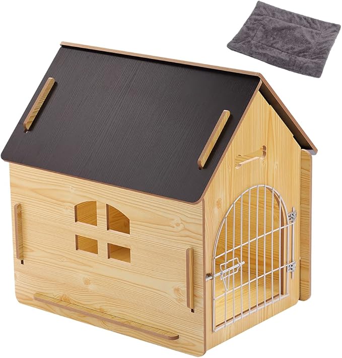 Wooden Pet House with Roof for Dogs Indoor and Outdoor Use, Easy Assemble Breathable Dog Crate for Small Medium Dog Cat, Dog Kennel for Playing and Resting