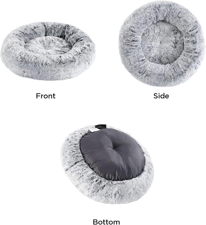 Best Friends by Sheri SnuggleSoft Faux Rabbit Fur Memory Foam Calming Donut Bed for Dogs and Cats, Grey, 23" x 23"