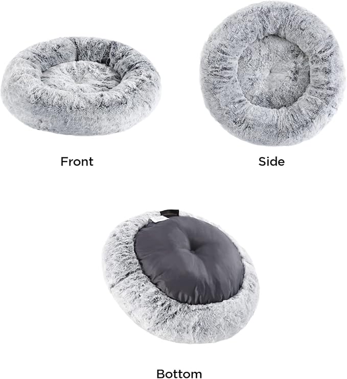 Best Friends by Sheri SnuggleSoft Faux Rabbit Fur Memory Foam Calming Donut Bed for Small Dogs and Cats, Grey, 18" x 18"