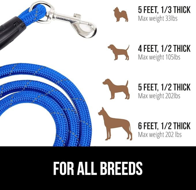 Gorilla Grip Heavy Duty Dog Leash, Soft Handle, Strong Reflective Rope for Night Pet Walking, Small Medium Large Animals, Puppy Training Leashes, Rotating Metal Clip, Waste Bag Dispenser, Royal Blue