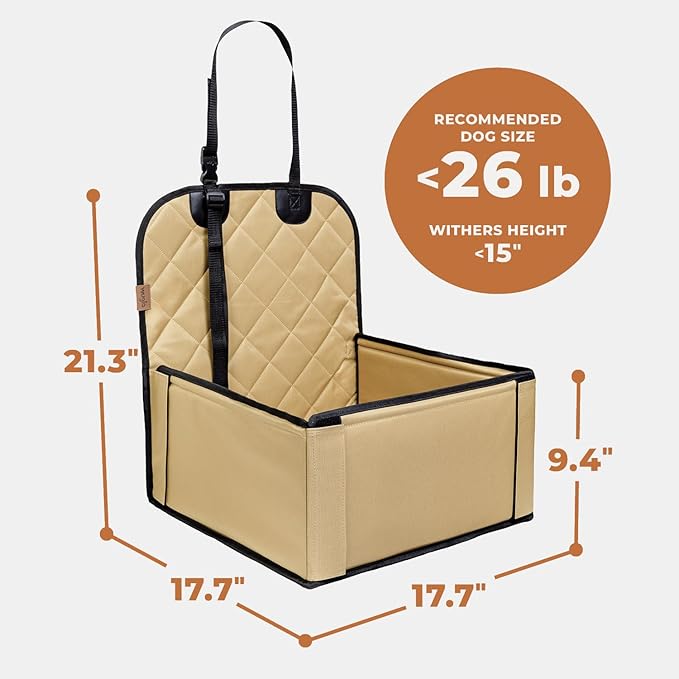 Extra Stable Dog Car Seat - Robust Car Dog Seat or Puppy Car Seat for Small to Medium-Sized Dogs - Reinforced Walls and 3 Belts - Waterproof Pet Car Seat for Back and Front Seat (Beige/Black)