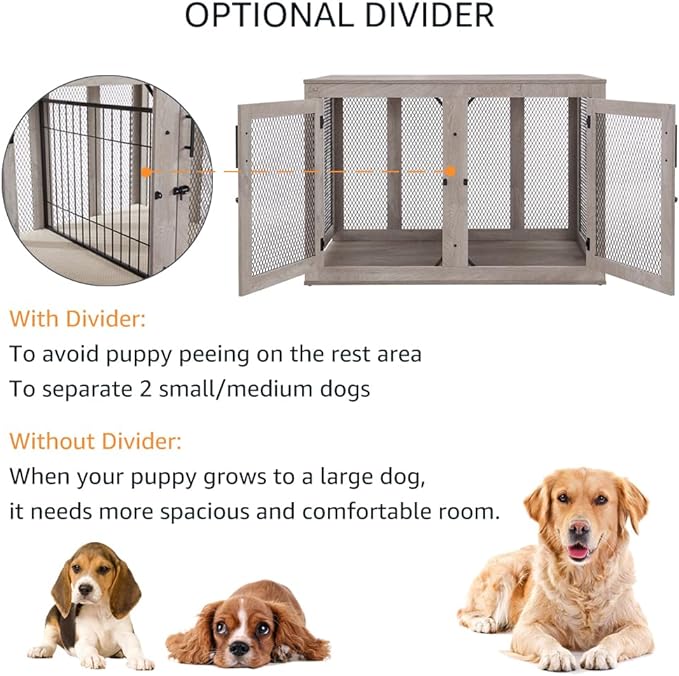 unipaws Extra Large Dog Crate Furniture with Divider for 2 Dogs, Wooden Dog Kennel for XLarge Breed, Indoor Decorative XL Wood Dog Cage, Inside Side End Table Crate with Tray, for Dogs Up to 90 lbs