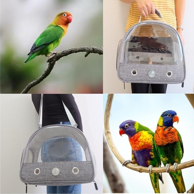 Bird Travel Carrier with Stand Perch and Stainless Tray,Portable Small Bird Parrot Parakeet Cockatiel Carrier for Hiking,Airline Approved. (Grey)