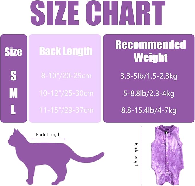 Cat Recovery Suit for Male and Female Surgical Post Surgery Soft Cone Onesie Tie Dye Cats Shirt Clothes Neuter Licking Protective Diapers Outfit Cover Kitten Spay Collar Alternative(Purple, L)