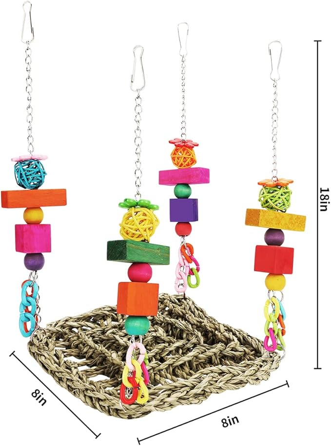 Bird Toys Parakeet Toys Conure Toys Bird Foraging Wall Toy,Seagrass Woven Hammock Swing Mat for Climb Perch Swing with Colorful Wooden Chewing Toys for Lovebirds,Parakeets,Conure,Cockatiel (Middle)