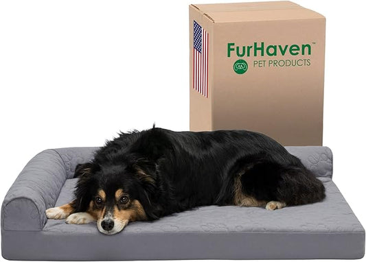 Furhaven Cooling Gel Dog Bed for Large/Medium Dogs w/ Removable Bolsters & Washable Cover, For Dogs Up to 55 lbs - Pinsonic Quilted Paw L Shaped Chaise - Titanium, Large