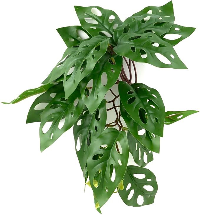 Reptile Plants for Terrarium, Amphibian Habitat Decor Artificial Hanging Plants with Suction Cup - Fake Swiss Cheese Plants Monstera Adansonii