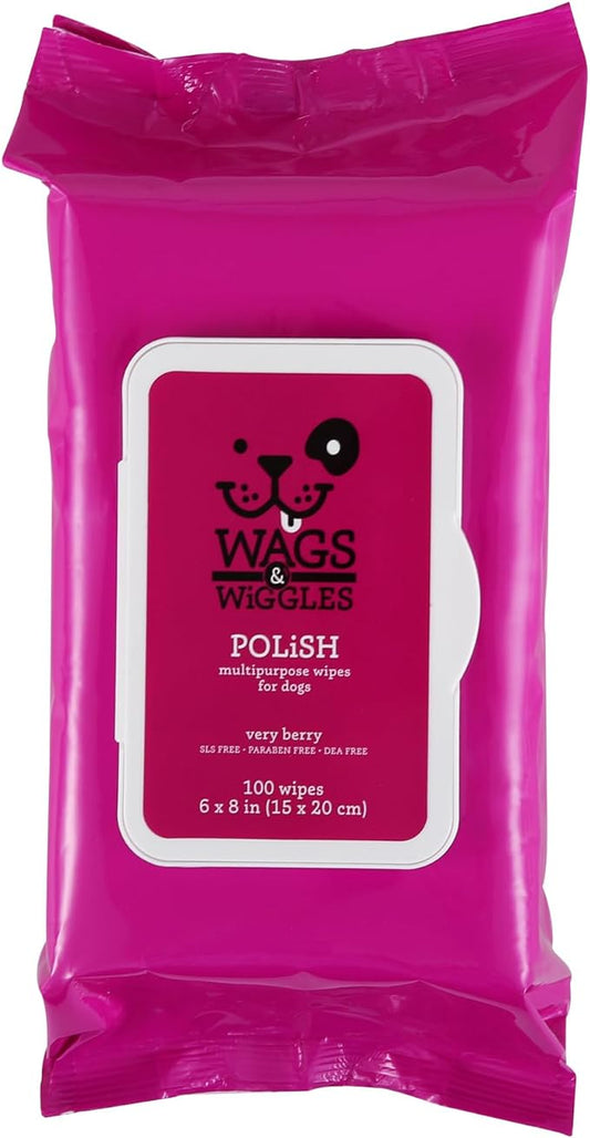 Wags & Wiggles Polish Multipurpose Wipes for Dogs | Clean & Condition Your Dog's Coat without A Bath | Fresh Very Berry Scent Your Dog Will Love, 100 Count