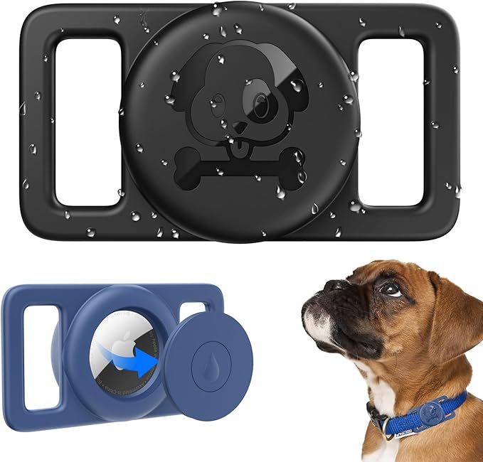 Airtag Dog Collar Holder Waterproof [2 Pack] Silicone Full Body Covered Ultra-Durable Lightweight Case Anti-Lost Protective Apple Air Tag Holder for Pet Dogs & Cats Collars (Black & Blue)