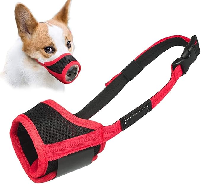 LUCKYPAW Dog Muzzle Anti Biting Barking and Chewing with Comfortable Mesh Soft Fabric and Adjustable Strap, Suitable for Small, Medium and Large Dogs(Red Trim,XL)
