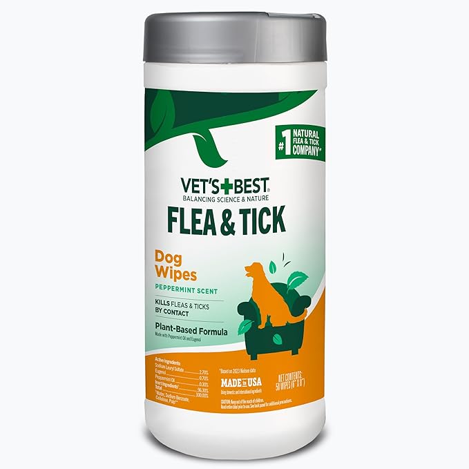 Vet's Best Flea and Tick Wipes for Dogs and Cats - Flea Treatment for Cats and Dogs - Plant-Based Formula - Certified Natural Oils - 50 Count