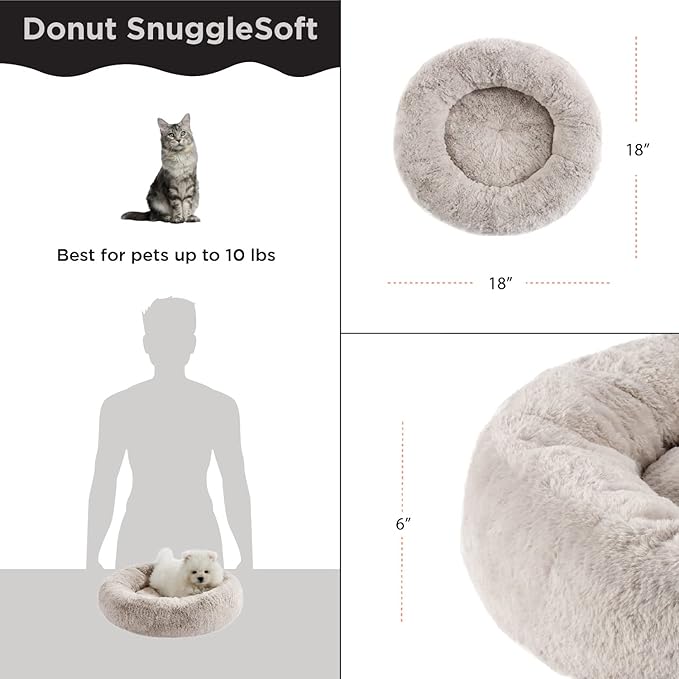 Best Friends by Sheri SnuggleSoft Faux Rabbit Fur Memory Foam Calming Donut Bed for Small Dogs and Cats, Brown, 18" x 18"