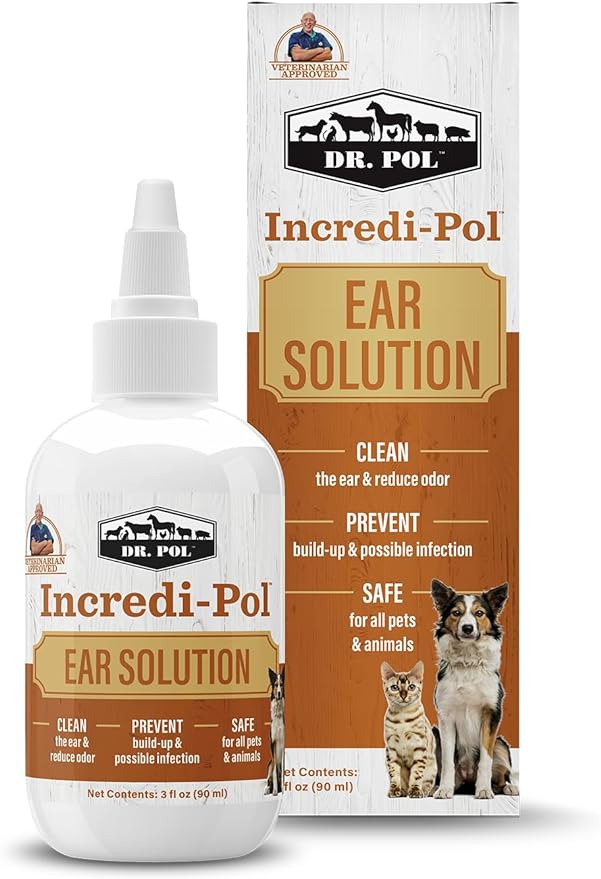 Dr. Pol Incredi-Pol Dog and Cat Ear Solution - Safe and Effective Ear Care Solution to Clean Ears and Prevent Ear Problems in Dogs, Cats, Horses, and More - 3 Fluid Ounces