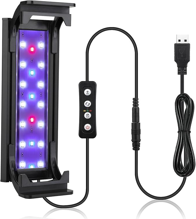 hygger 7W Full Spectrum Aquarium Light with Aluminum Alloy Shell and Plastic Extendable Brackets, White Blue Red LEDs, External Controller, for Freshwater Fish Tank (5-9.5 inch)