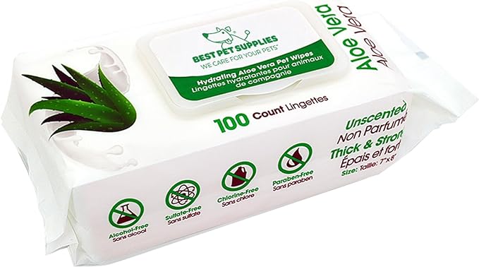 Best Pet Supplies 8" x 9" Pet Grooming Wipes for Dogs & Cats, 100 Pack, Plant-Based Deodorizer for Coats & Dry, Itchy, or Sensitive Skin, Clean Ears, Paws & Butt - Hydrating Aloe Vera (Unscented)