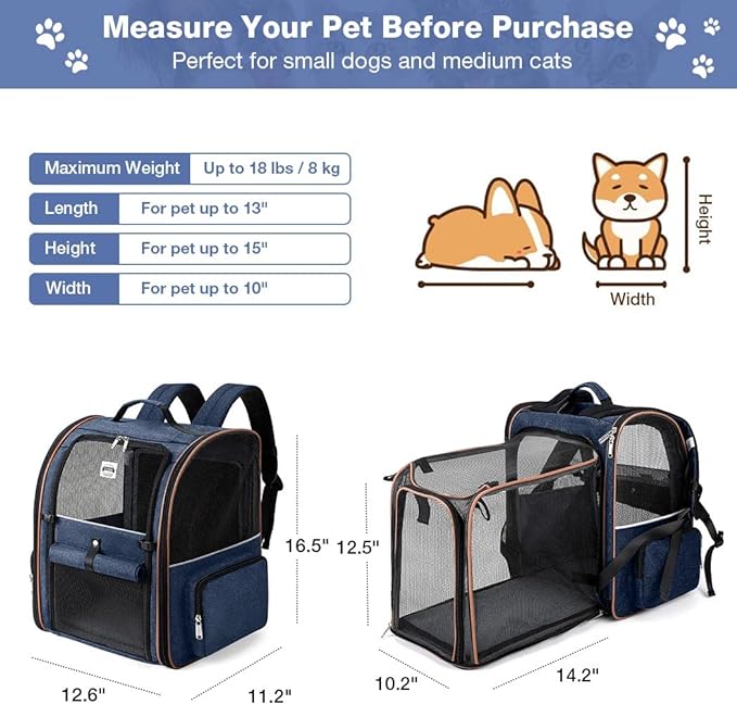 Lekebobor Large Cat Backpack Carrier Expandable Pet Carrier Backpack for Small Dogs Medium Cats Fit Up to 18 Lbs, Dog Backpack Carrier, Foldable Puppy Backpack Carrier for Travel, Hiking,Blue