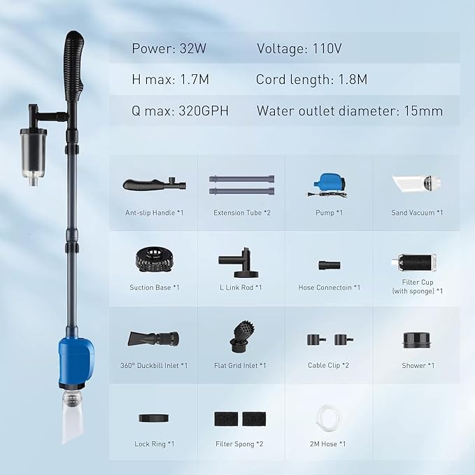 Electric Aquarium Vacuum Gravel Cleaner,32W 6 in 1 Multifunction Automatic Fish Tank Gravel Cleaner Vacuum for Wash Sand & Water Changer