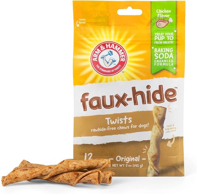 Arm & Hammer for Pets Faux-Hide Dog Dental Treat Twists, 12 pcs - 4 Pack | Rawhide Free Dog Dental Chews in Chicken Flavor Baking Soda Formula Dog Dental Treats for Fresh Breath