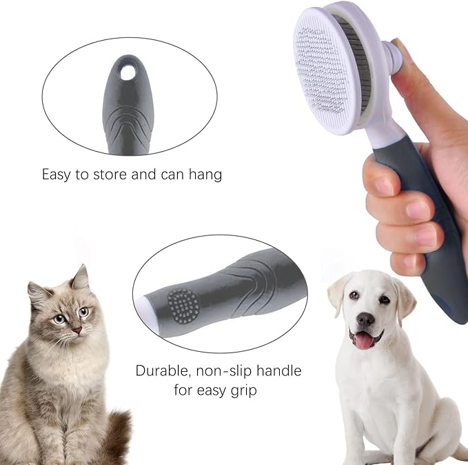 Cat Grooming Brush, Self Cleaning Slicker Brushes for Dogs Cats Pet Grooming Brush Tool Gently Removes Loose Undercoat, Mats Tangled Hair Slicker Brush for Pet Massage-Self Cleaning Upgraded (Gray)