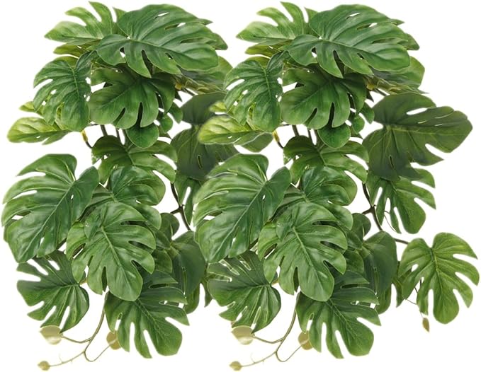 2Pack Reptile Fake Plants for Terrarium, Snake Tank Accessories, Habitat Decor Artificial Hanging Plants with Suction Cup - Fake Monstera