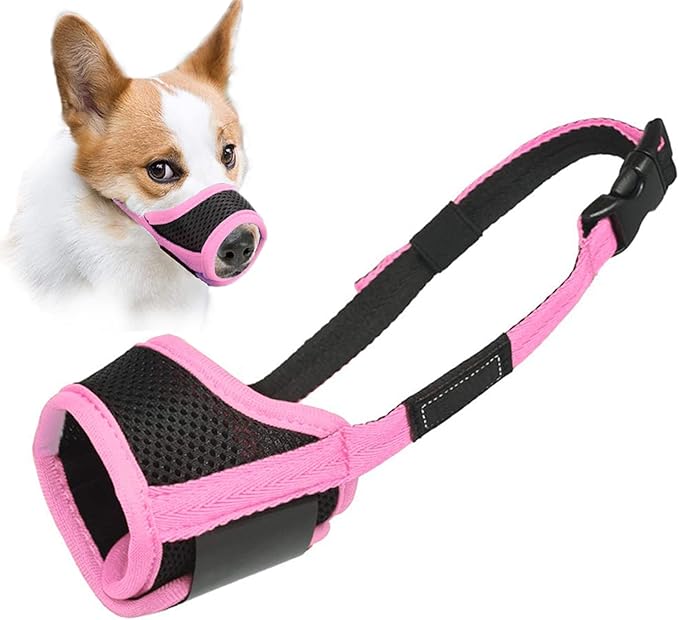 LUCKYPAW Dog Muzzle Anti Biting Barking and Chewing with Comfortable Mesh Soft Fabric and Adjustable Strap, Suitable for Small, Medium and Large Dogs(Pink Trim,M)