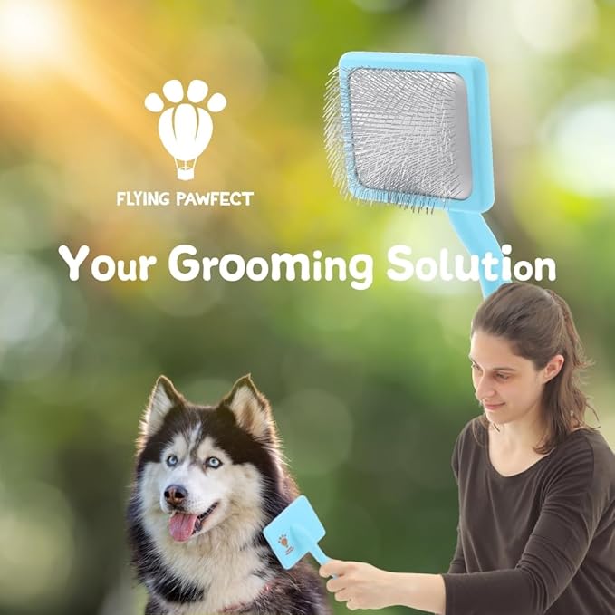 Pet Slicker Brush With Soft Massage Grooming Stainless Steel Pins - For Dematting, Shedding Fur, and Undercoat - Ideal Gift for Professional Pet Groomers - Long Slicker Brush - Flying Pawfect