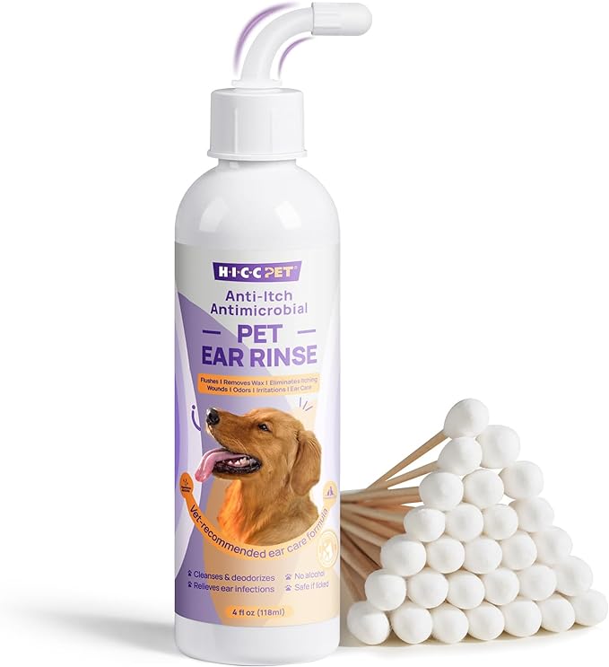 HICC PET Dog Ear Cleaner - Dog Ear Inflammation Therapy with 0.012% Hypochlorous Acid for Itch Relief, Soothe Ear Inflammation, Removes Wax, Odor, with 30 Cotton Swabs, 4 Fl oz