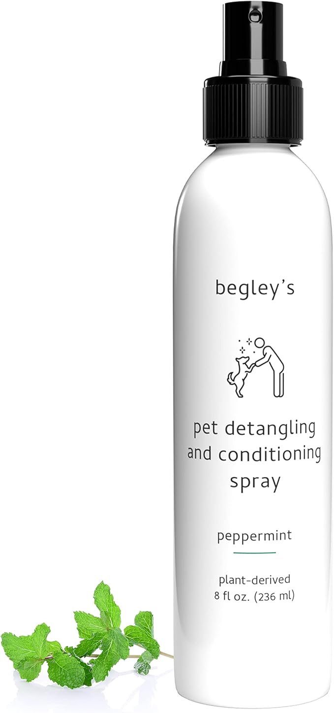 Begley's Natural Pet Detangling Spray - Premium Essential Oil Scented Detangler Spray for Dogs, Puppies & Cats - Dog Leave in Conditioner Spray - Dematting Spray for Dogs & Pets - 8 oz, Peppermint