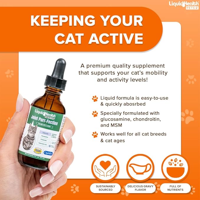 LIQUIDHEALTH 2.3 Oz Liquid Cat Glucosamine Joint Purr-Fection - Hip and Joint Health Relief Support, Chondroitin Feline Droppers -Senior Older Cats, Kittens - (3 Pack)