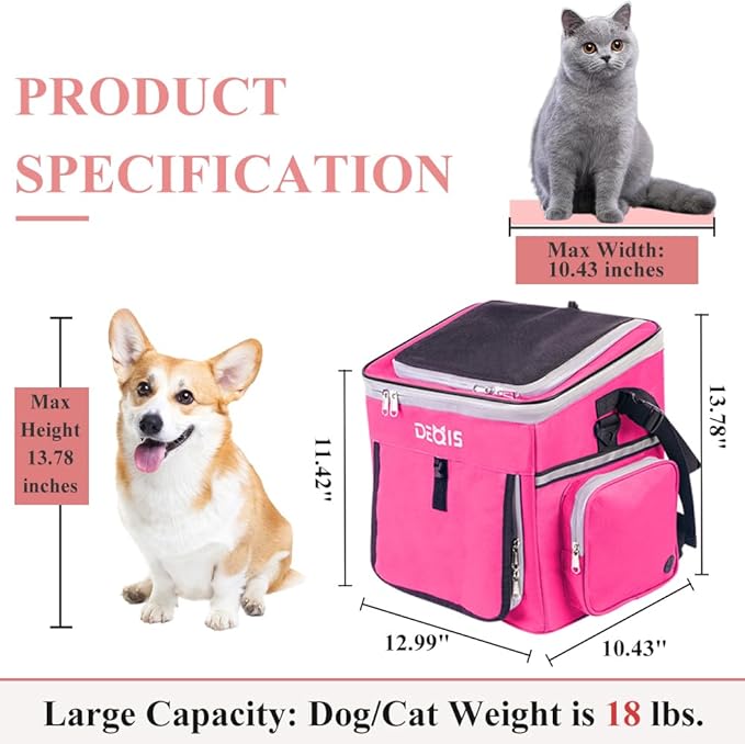 Dog Bike Basket, Dog Bike Carrier with Mesh Windows, Side storage pocket with poop bag dispenser, Reflective Tapes, Pet Backpack Carrier for Small Dogs Cats, Pink