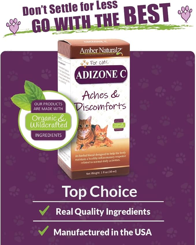 AMBER NATURALZ Adizone C Herbal Supplement for Cats | Feline Herbal Supplement for Occasional Soreness, Stiffness, Aches and Discomfort | 1 Fluid Ounce Glass Bottle | Manufactured in The USA