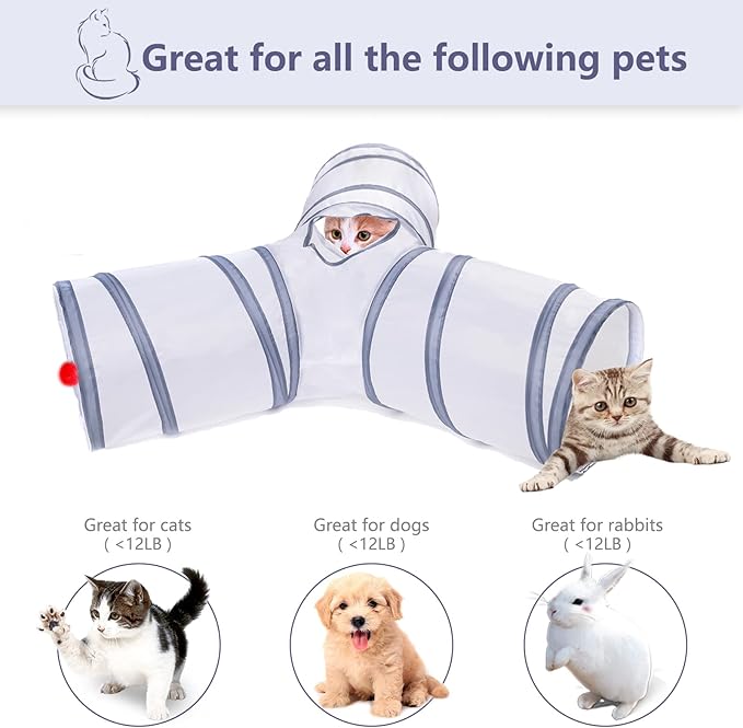 Cat Tunnel, Collapsible Tube with 1 Play Ball Toys, 3 Ways Tunnels for Indoor Cats, Puppy, Kitty, Kitten, Rabbit (White and Gray)