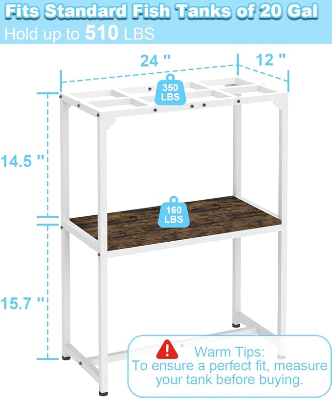 20 Gallon Fish Tank Stand, Upgraded Height Aquarium Stand Table with 2 Tiers Storage Shelf, Metal Reptile Breeder Turtle Terrarium Stand Rack for Home Office, 24" L x 12" W x 32.2" H, 510 LBS Capacity, White