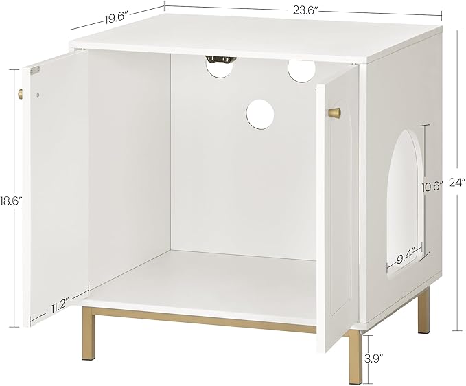 Cat Litter Box Enclosure, Hidden Litter Box Furniture, Wooden Pet House Side End Table, Storage Cabinet Bench, Fit Most Cat and Litter Box, Living Room, Bedroom, White and Gold CB81203G