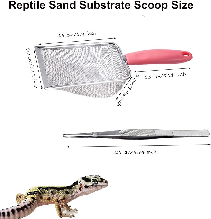 Reptile Sand Substrate Scoop Reptile Sand Fine Mesh Reptile Scooper Stainless Steel Terrarium Substrate Sand Bedding Litter Cleaner Scoop and Reptile Long Feeding Tongs Set (Pink 1mm & 2.8mm)