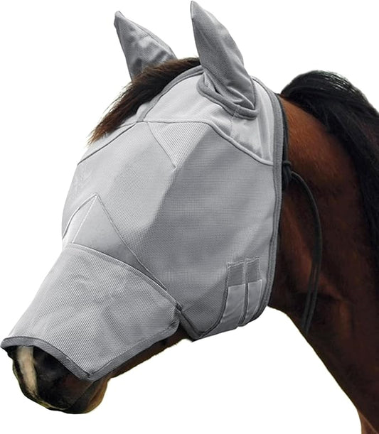 Horse Fly Mask, Elasticity Fly Mask with Ears and Long Nose UV Protection for Horse, Grey (Plus)