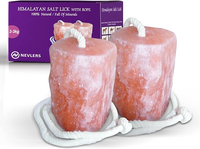 Nevlers 2 Pack Himalayan Salt Lick on Ropes for Animals -All Natural Pure Mineral Block - Himalayan Salt Block for Deer, Salt Block for Horses, Cows, & Other Livestock - 4.5-6 lbs Each