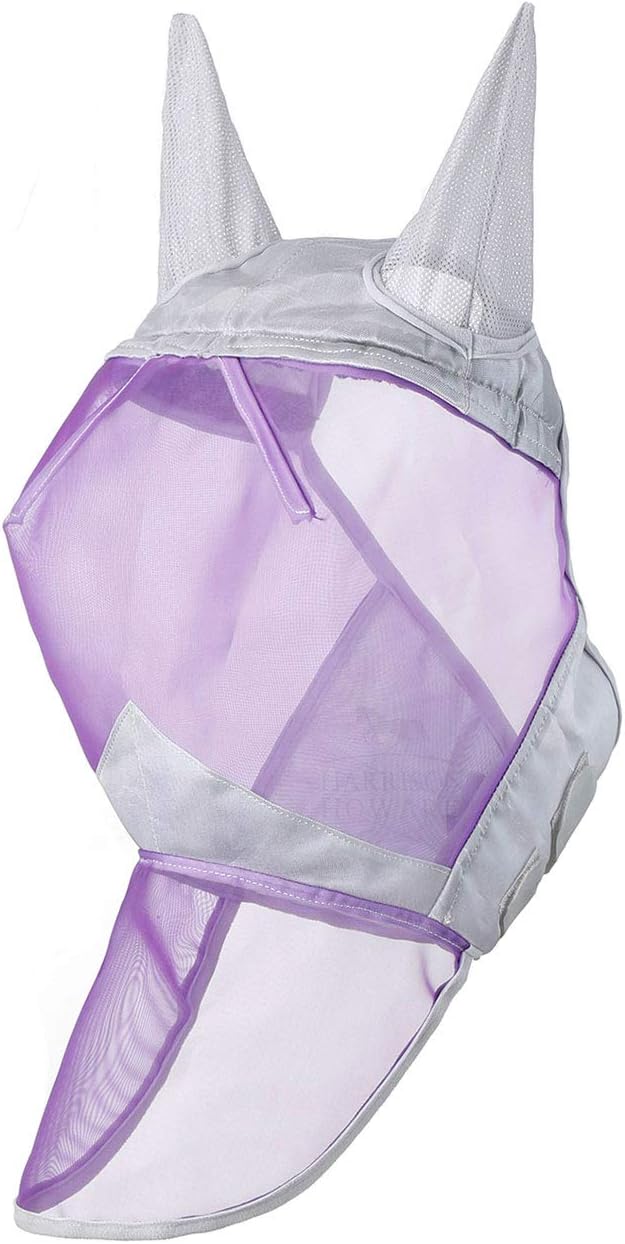 Harrison Howard CareMaster Horse Fly Mask Long Nose with Ears Full Face Silver/Purple Retro XL Extra Full Size