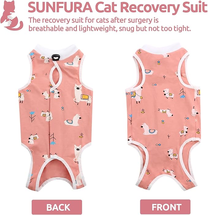 SUNFURA Cat Recovery Suit, Kitten Surgical Full Bodysuit for Abdominal Wound Protector Anti Licking After Surgery, Professional Bandages Cone E-Collar Alternative for Small Male & Female Pets