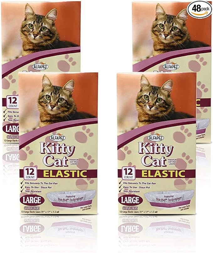 Alfapet Kitty Cat Litter box Disposable, Elastic Liners- 12-count-For Medium and Large, Size Litter Pans- With Sta-Put Technology for Firm, Easy Fit- Quick + Clever Waste Cleaners 4 pack