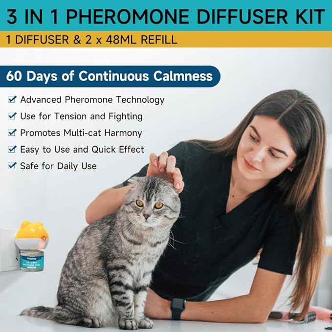 Cat Calming Diffuser - Cat Pheromones Calming Diffuser for Cat Anxiety Relief 3-in-1 Cat Pheromone Diffuser Kit with 1 Diffuser + 2 Refill 48ml Vial - 60 Days Pheromone Diffuser to Calm Cats