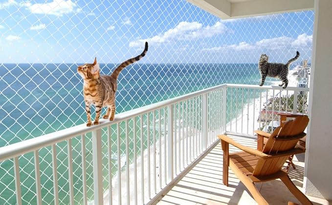 JUMXSRLE Cat Netting Balcony, UV & Weather-Resistant Cat Balcony Safety Net, Transparent Nylon Pet Mesh Fence Cat Netting for Patio, Balcony, Rail, Stairs, Terraces - 10x13ft