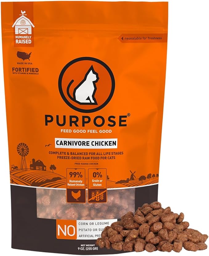 PURPOSE Freeze Dried Raw Cat Food, Chicken Mini Nibs Entree, 9 oz - High Protein, USA Made